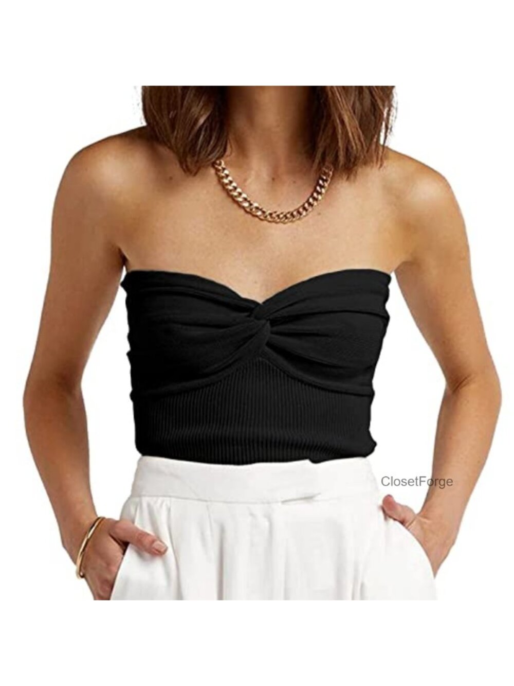 Ribbed Twist Knot Strapless Tube Top Sleeveless Slim Fit Crop
